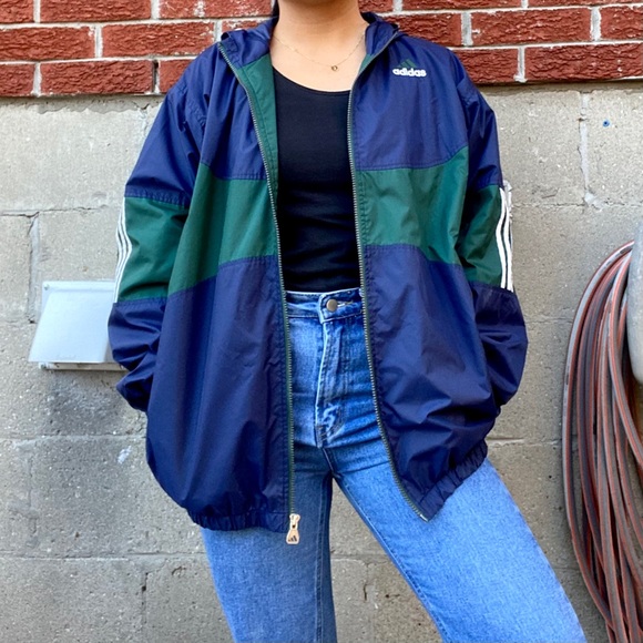 SOLD: ADIDAS GREEN AND BLUE WINDBREAKER WITH HOOD - Picture 3 of 6